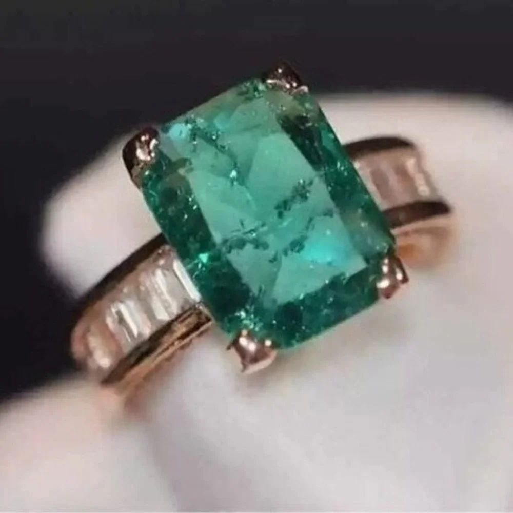 New 6 Rose Gold Simulated Emerald Cocktail Ring Antique Solitaire Baguettes CZ